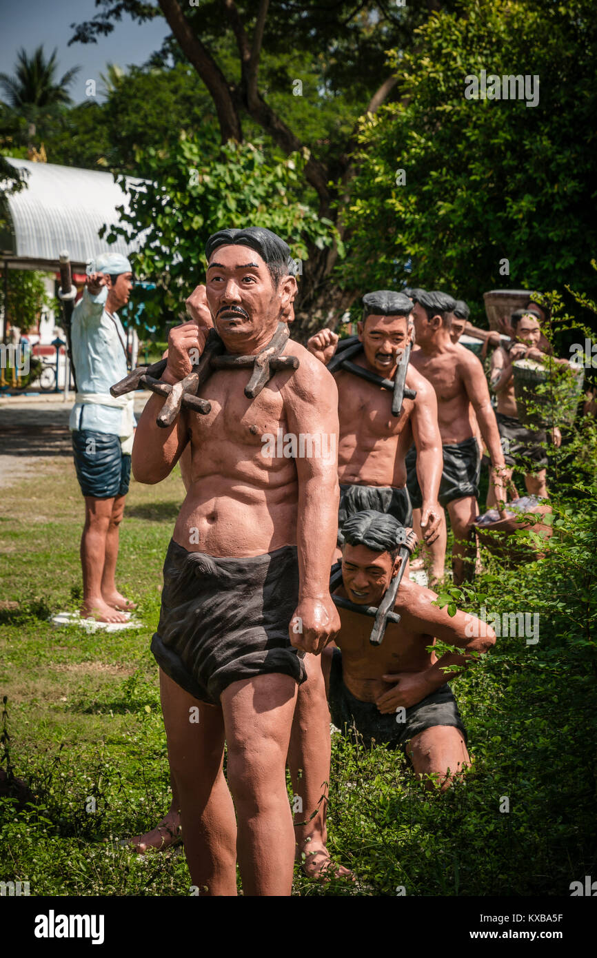 Life size statues of prisoners undergoing punishment, Bang Kung Camp, Samut Songkhram, Thailand. Stock Photo