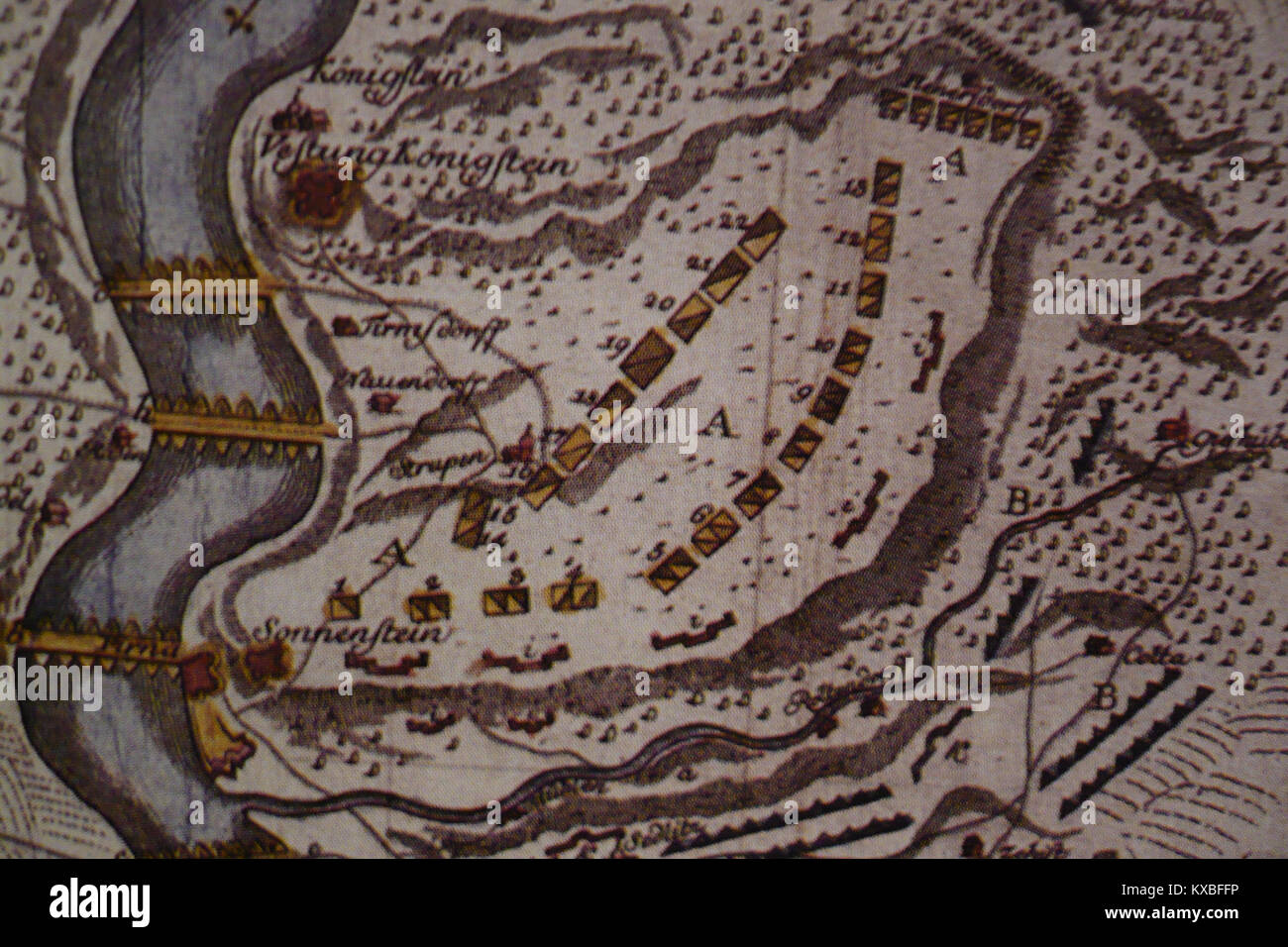 1756 Siebenjähriger Krieg Pirna Plan von dem Sächsischen und Preußischen Lager bey Pirna Stock Photo