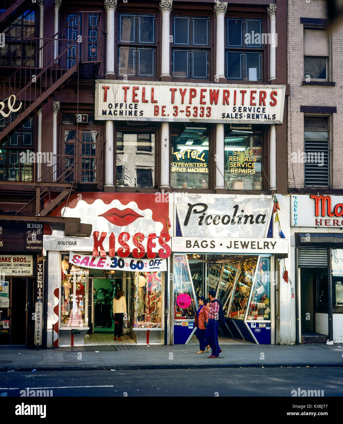 New York 1980s, Kisses boutique store, Piccolina bags and jewelry shop, office machines sales and rental, Manhattan, New York City, NY, NYC, USA, Stock Photo