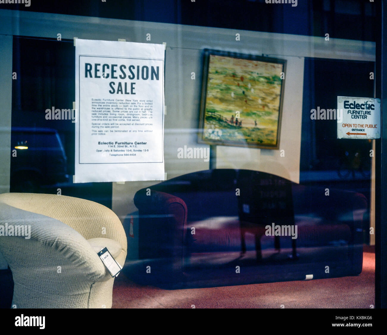 New York 1980s, recession sale notice, furniture store window, showroom, Manhattan, New York City, NY, NYC, USA, Stock Photo