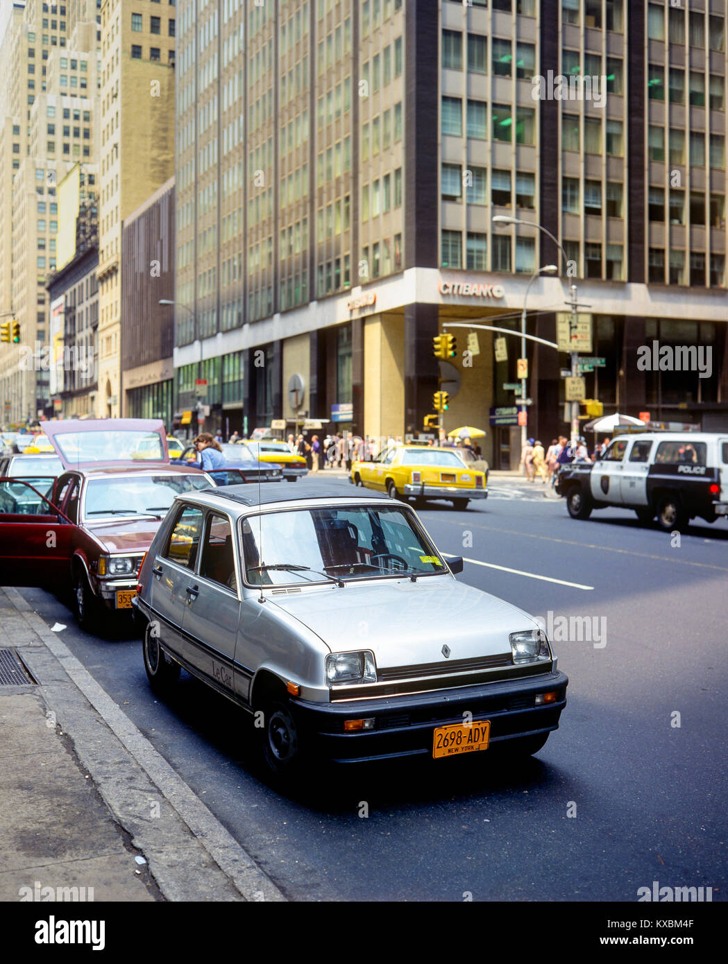 New York 1980s, parked French Renault R5 car LeCar, cars traffic, street, Manhattan, New York City, NY, NYC, USA, Stock Photo