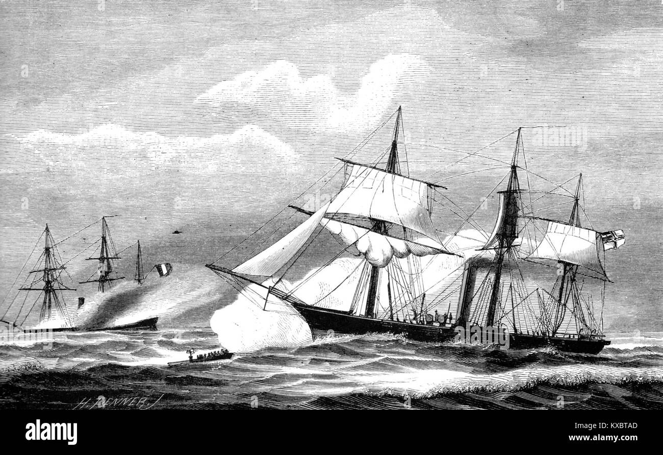 SMS Augusta am 4 Januar 1871 vor der Girondemündung. Der aufgebrachte französische Dampfer MAX wird verbrannt Zeitgenössische Darstellung durch Hermann Penner Stock Photo