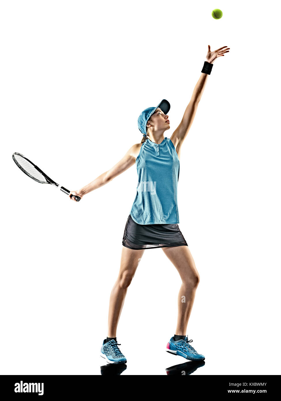 one young caucasian tennis woman isolated in silhouette on white background Stock Photo