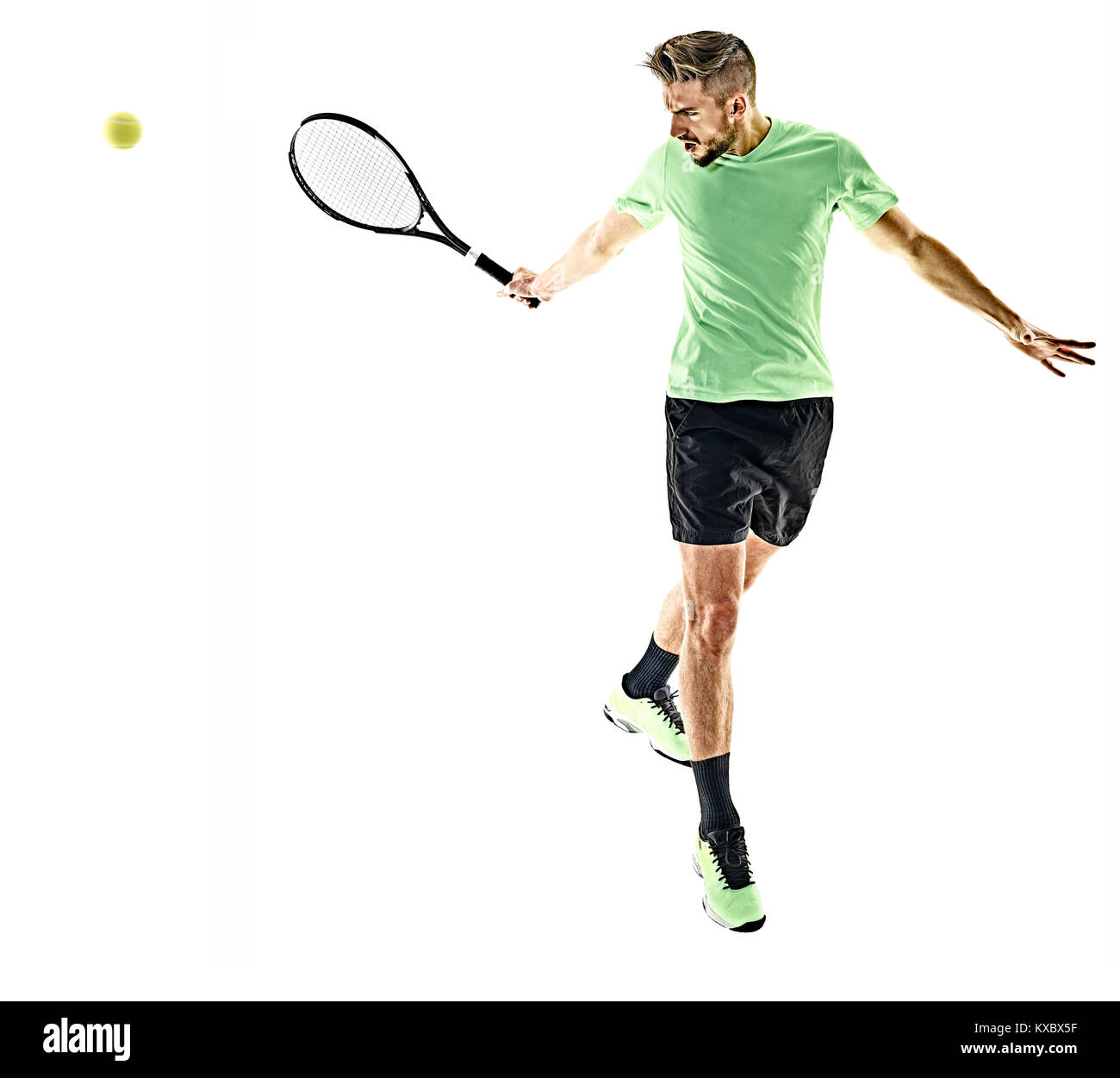 one caucasian  man playing tennis player isolated on white background Stock Photo