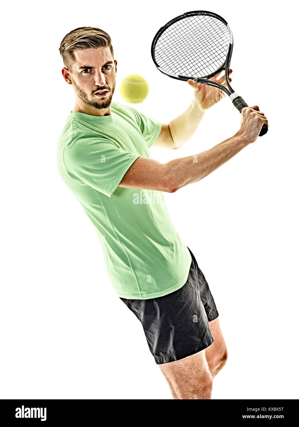 one caucasian  man playing tennis player isolated on white background Stock Photo