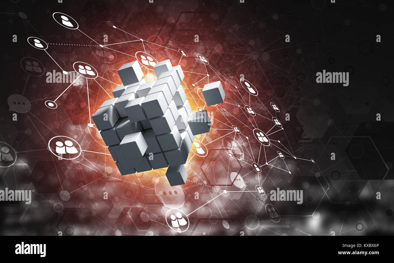 Concept of Internet and networking with digital cube figure on dark ...