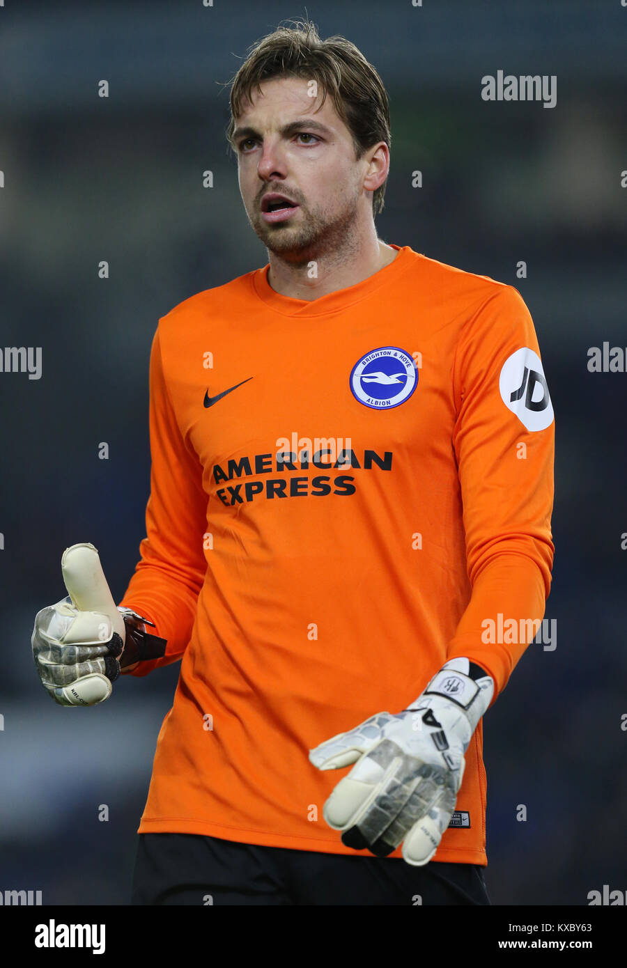Brighton's Tim Krul during the Emirates FA Cup, Third Round match at the AMEX Stadium, Brighton. PRESS ASSOCIATION Photo. Picture date: Monday January 8, 2018. See PA story SOCCER Brighton. Photo credit should read: Gareth Fuller/PA Wire. RESTRICTIONS: No use with unauthorised audio, video, data, fixture lists, club/league logos or 'live' services. Online in-match use limited to 75 images, no video emulation. No use in betting, games or single club/league/player publications. Stock Photo