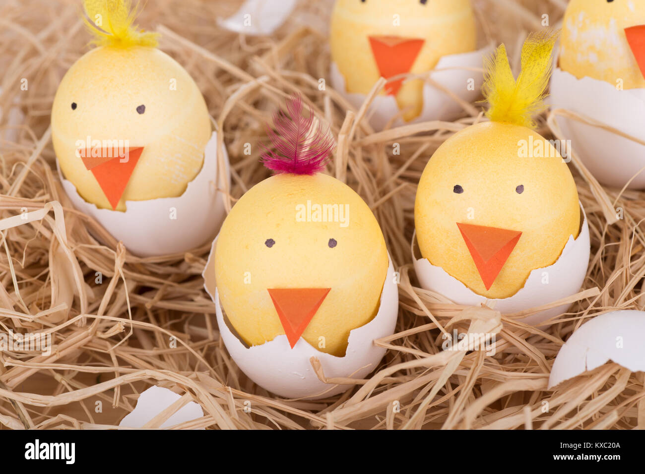 Easter eggs decorated as chicks hatching in a nest Stock Photo