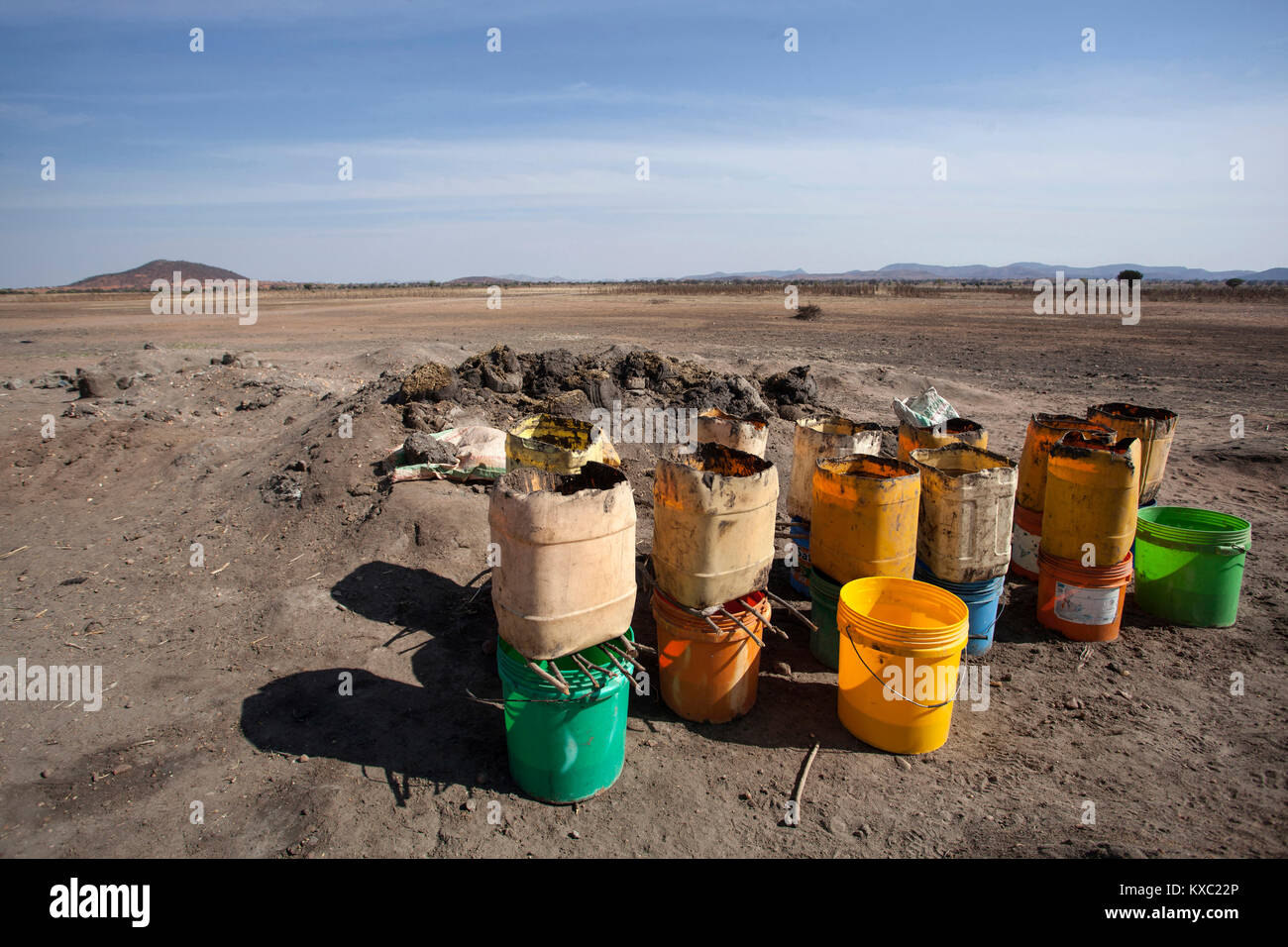 Salt water is being filtered using two layers of plastic buckets in the outskirt of Idifu village Dodoma region, Tanzania on 25th July 2017. The bucke Stock Photo