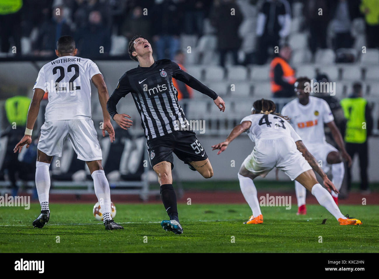 Midfielder Danilo Pantic of Partizan is disappointed after he lost the ball in the duel against Defender Gregory Wuthrich and Defender Kevin Mbabu Stock Photo
