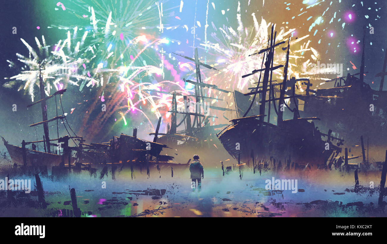 man standing on the beach looking at wreck ships with fireworks on background, digital art style, illustration painting Stock Photo