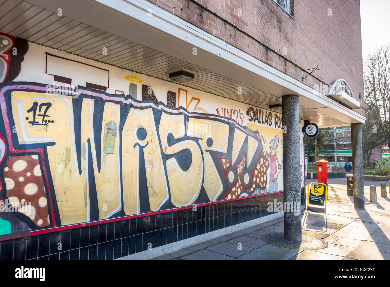 Colourful graffiti on a social housing estate facade along Northam Road in Southampton December 2017, England, UK Stock Photo