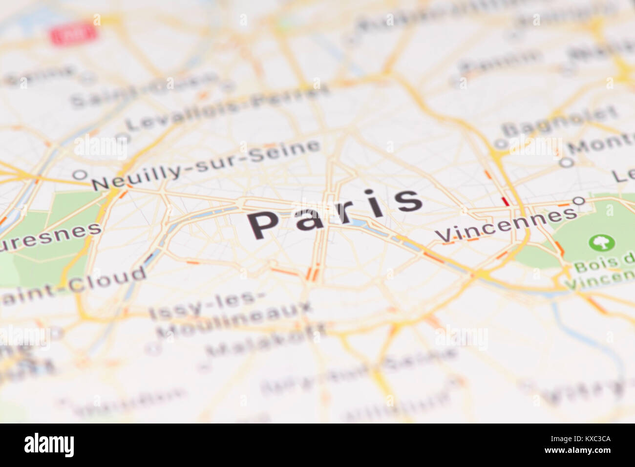 Closeup of Paris city map on the screen of a GPS device, Apple iPhone maps app Stock Photo