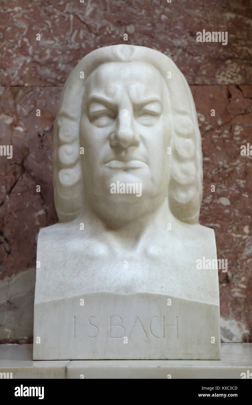 German composer and musician Johann Sebastian Bach. Marble bust by German sculptor Fritz Behn (1916) on display in the hall of fame in the Walhalla Memorial near Regensburg in Bavaria, Germany. Stock Photo