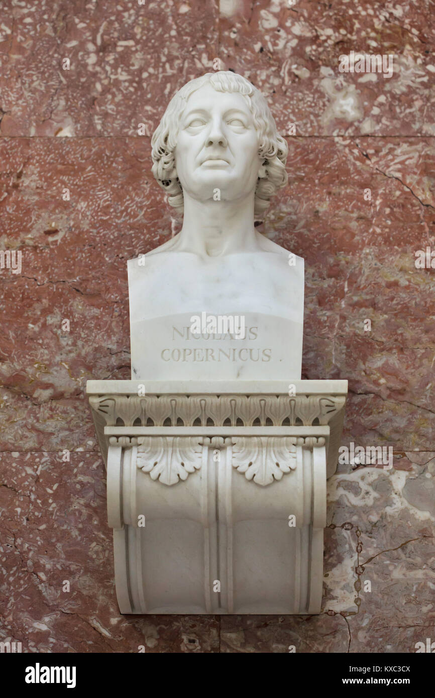 Polish astronomer and mathematician Nicolaus Copernicus. Marble bust by German sculptor Johann Gottfried Schadow (1807) on display in the hall of fame in the Walhalla Memorial near Regensburg in Bavaria, Germany. Stock Photo