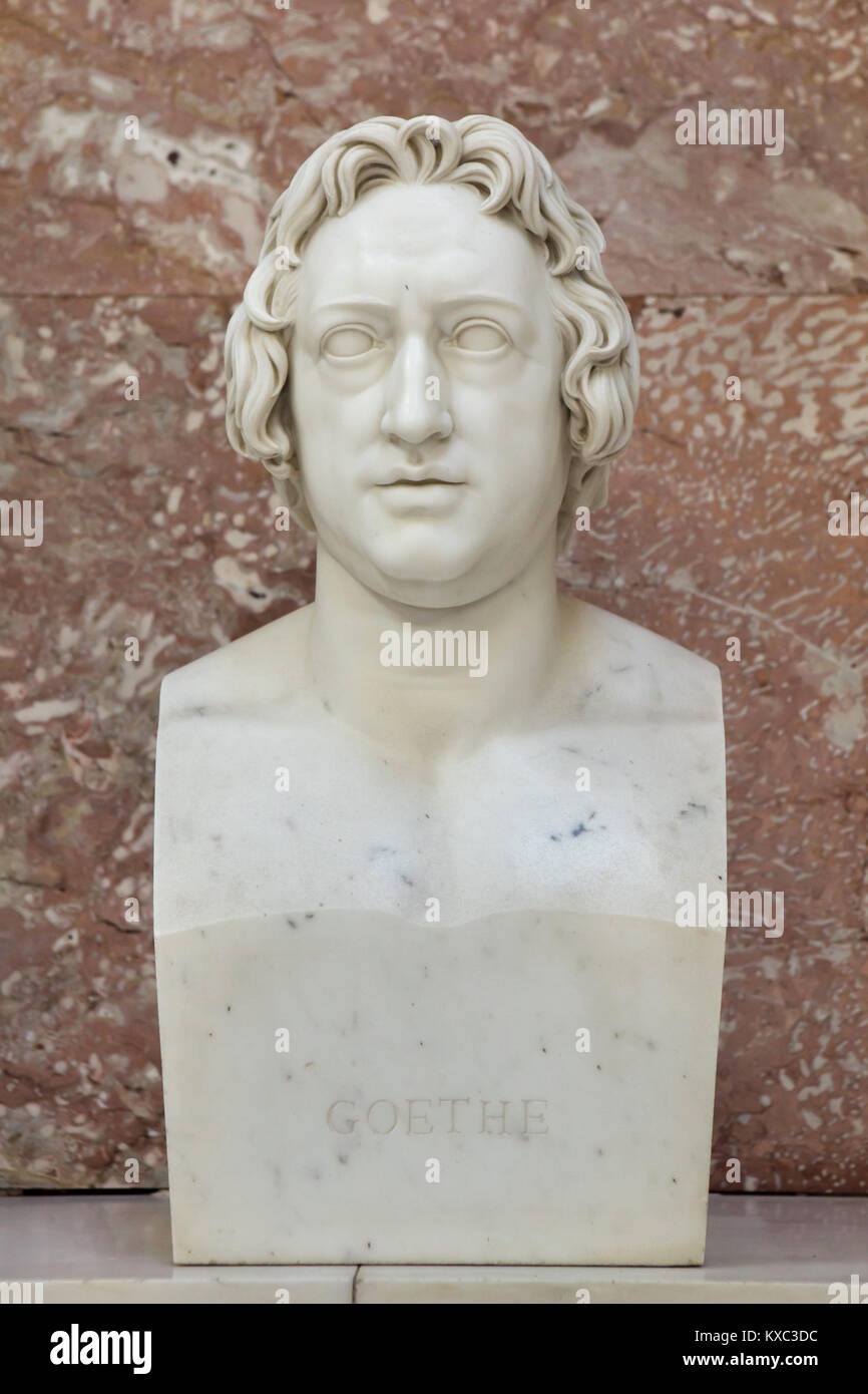 German writer Johann Wolfgang von Goethe. Marble bust by German sculptor Christian Friedrich Tieck (1808) on display in the hall of fame in the Walhalla Memorial near Regensburg in Bavaria, Germany. Stock Photo