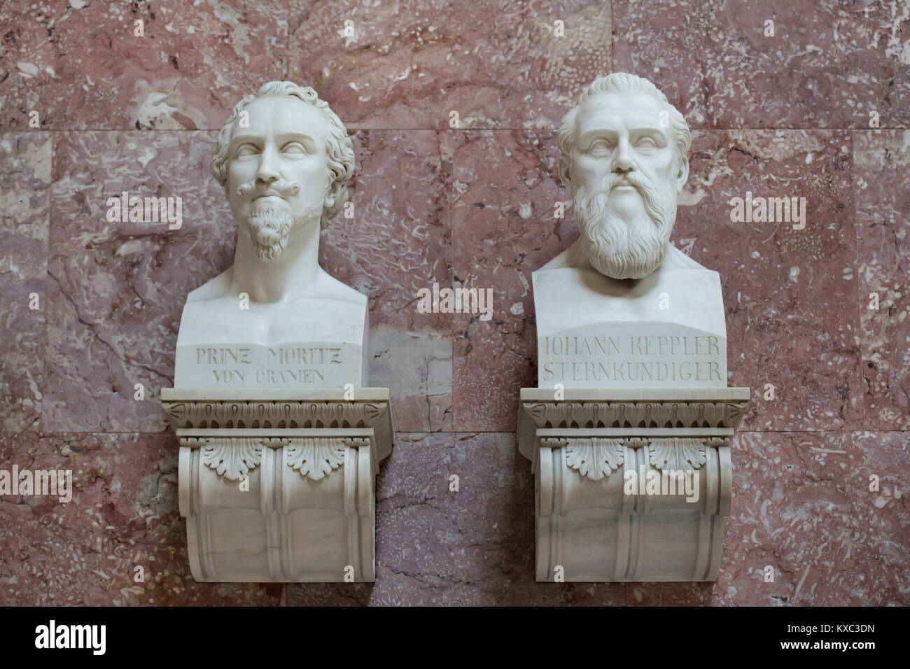 Prince Maurice of Orange (L) and German astronomer Johannes Kepler (R). Marble busts by German sculptor Christian Friedrich Tieck (1815) and by German sculptor Peter Schöpf (1842) on display in the hall of fame in the Walhalla Memorial near Regensburg in Bavaria, Germany. Stock Photo