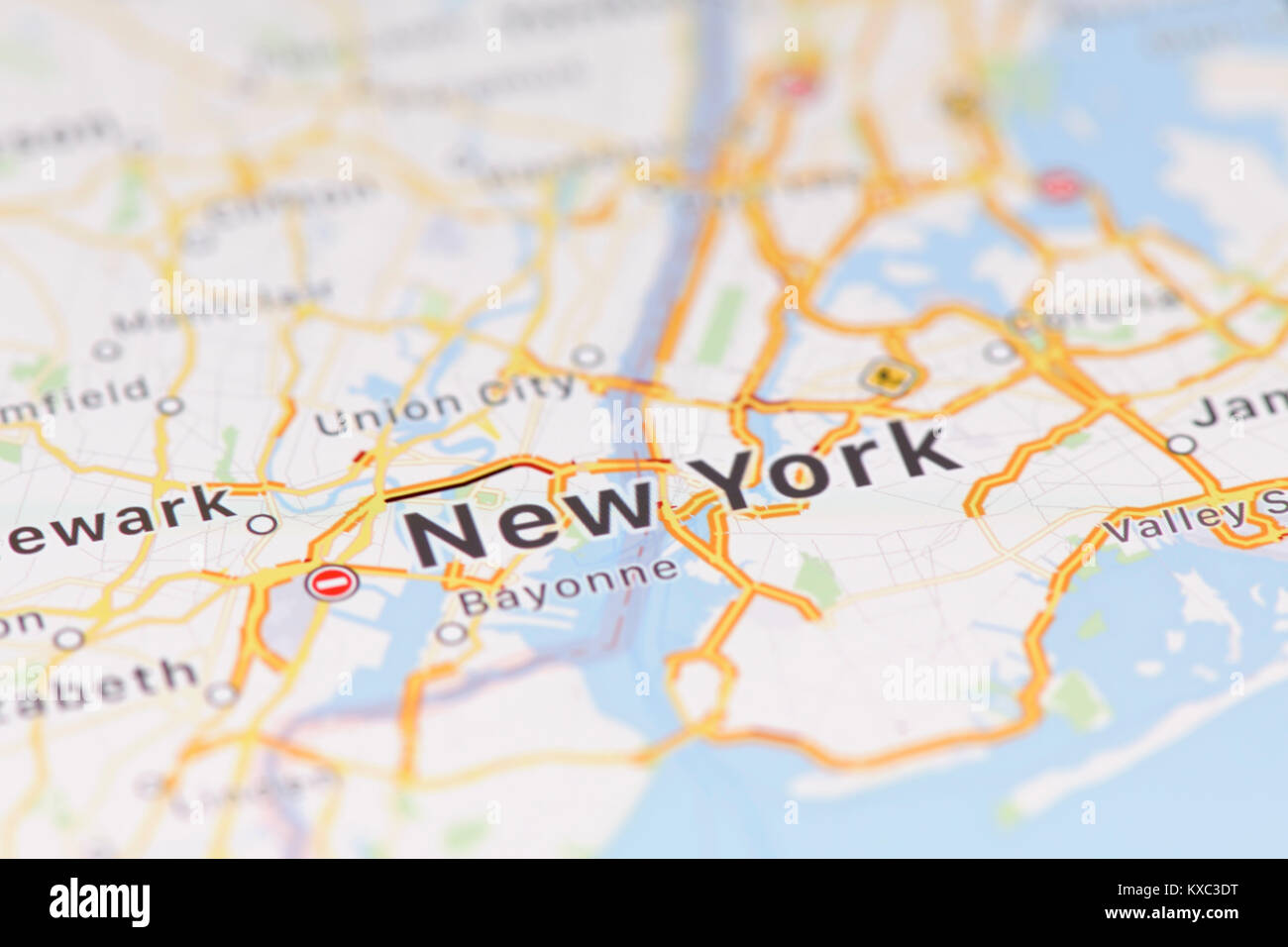 Closeup of New York city map on the screen of a GPS device, Apple iPhone maps app Stock Photo