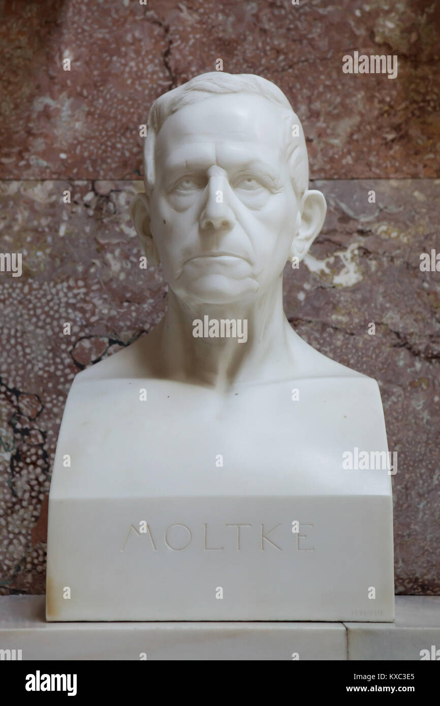 German Field Marshal Helmuth Karl von Moltke the Elder. Marble bust by German sculptor Hermann Hahn (1910) on display in the hall of fame in the Walhalla Memorial near Regensburg in Bavaria, Germany. Stock Photo
