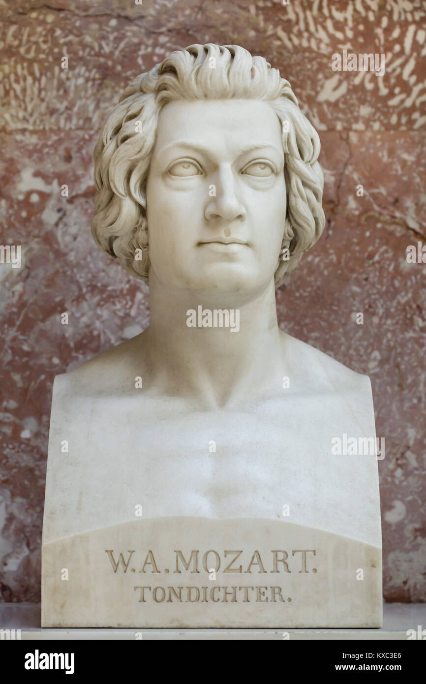 Austrian composer Wolfgang Amadeus Mozart. Marble bust by German sculptor Franz Xaver Schwanthaler (1841) on display in the hall of fame in the Walhalla Memorial near Regensburg in Bavaria, Germany. Stock Photo