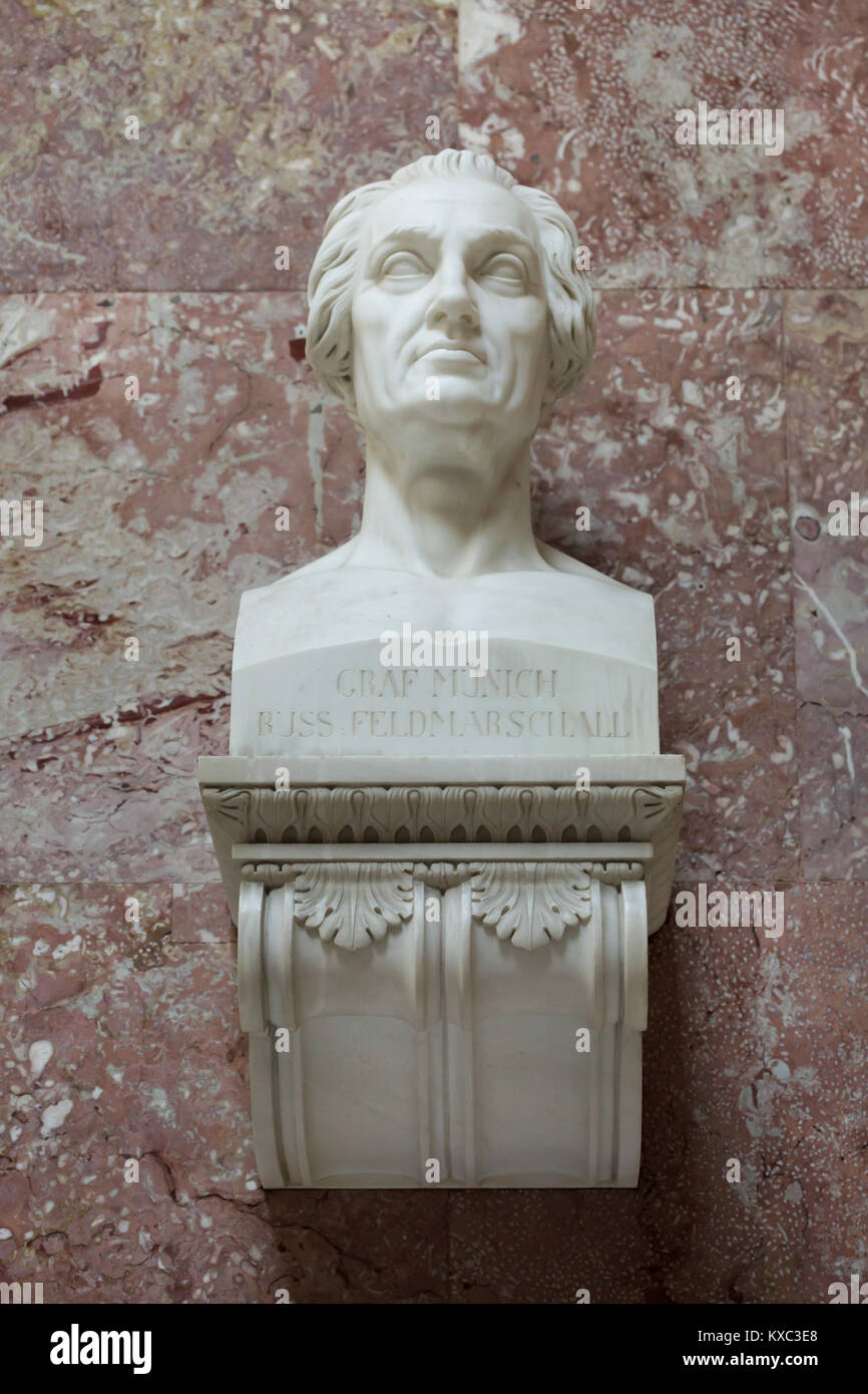 Russian field marshal Burkhard Christoph von Münnich. Marble bust by German sculptor Arnold Hermann Lossow (1841) on display in the hall of fame in the Walhalla Memorial near Regensburg in Bavaria, Germany. Stock Photo