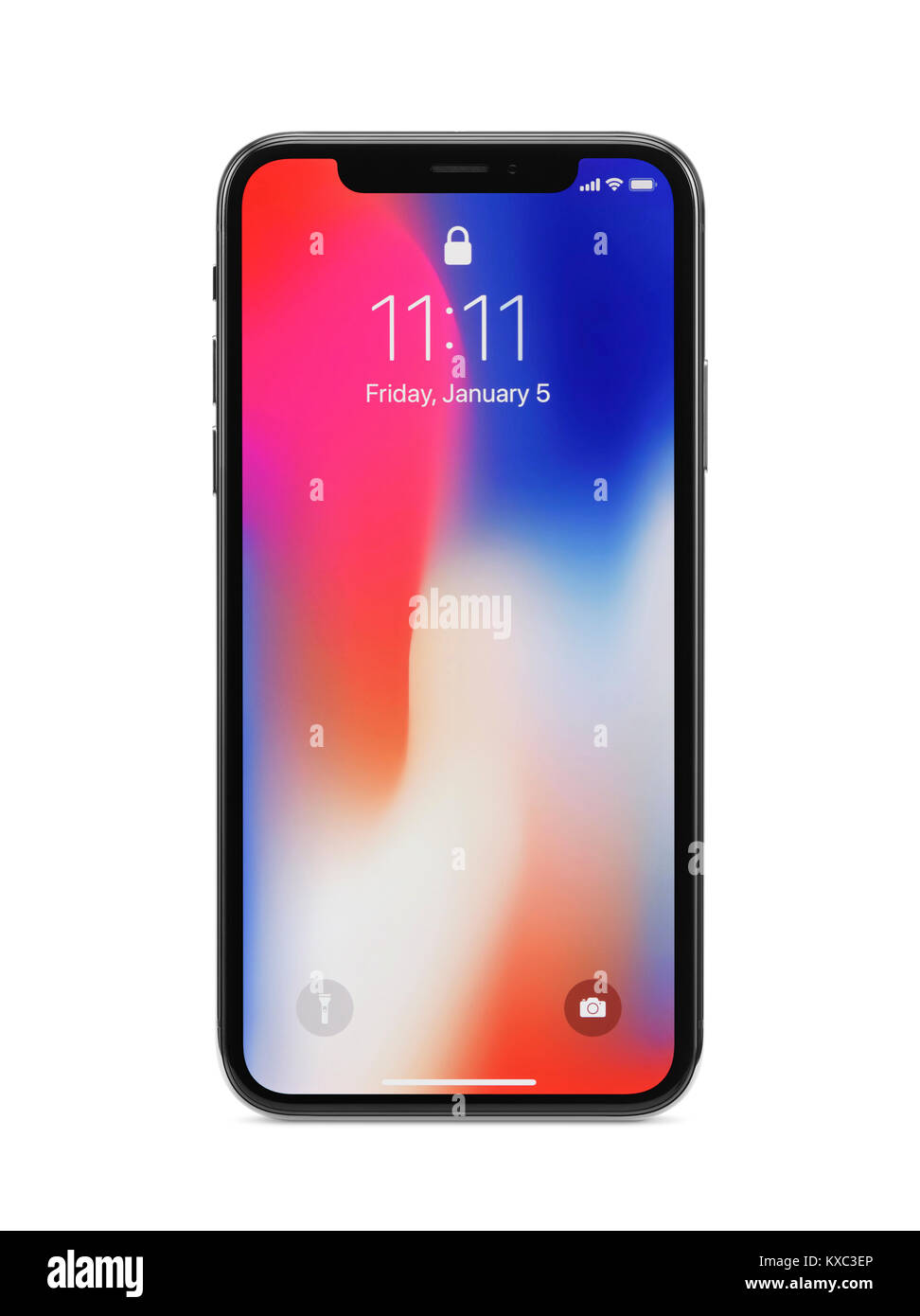 Apple iPhone X, large screen smartphone with colorful locked red blue screen. The phone is isolated on white studio background with a clipping path. Stock Photo