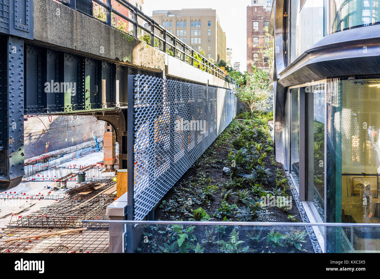 Highline, high line, urban garden in New York City NYC with buildings, balcony in Chelsea West Side by Hudson Yards Stock Photo