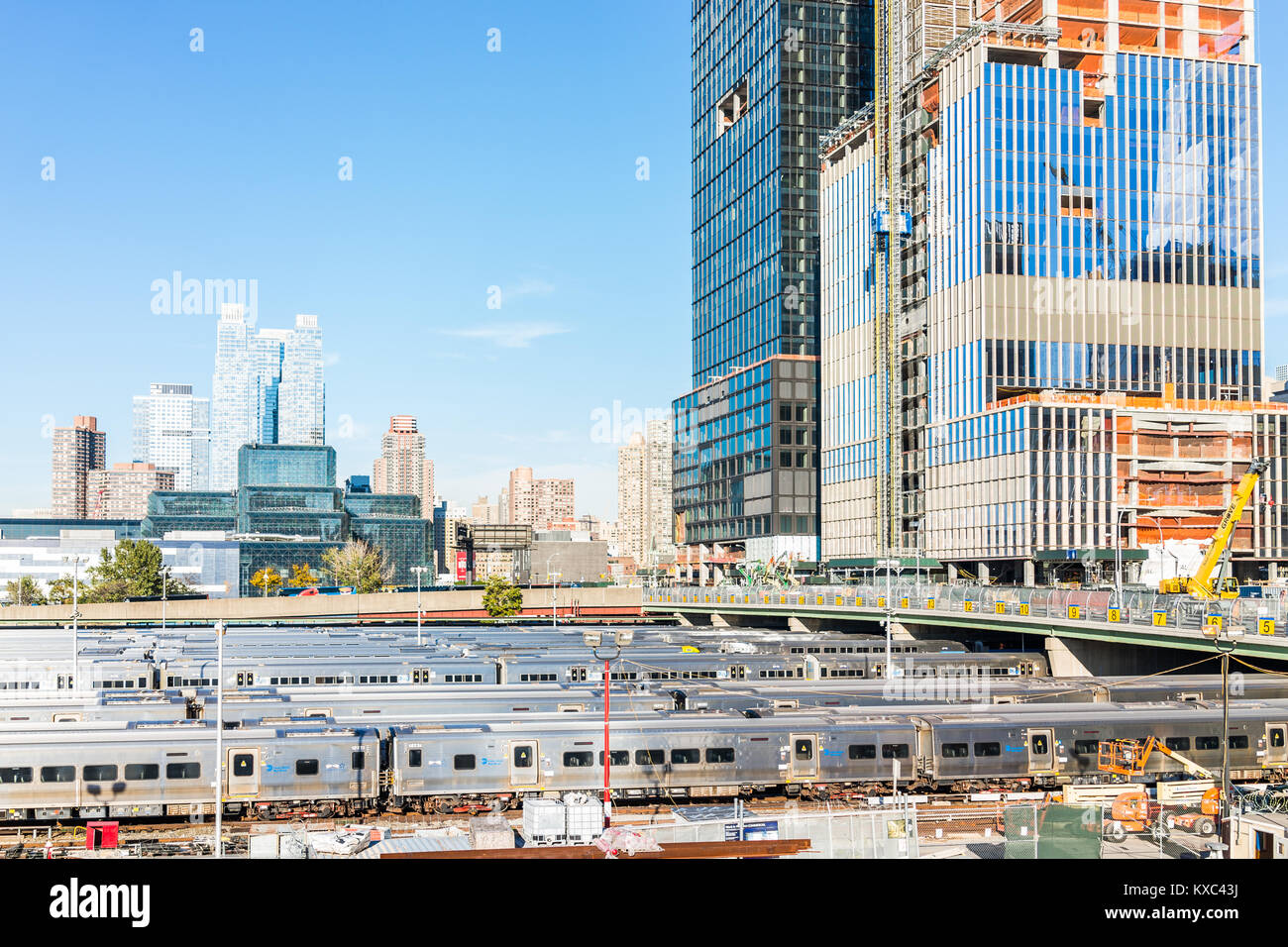New York City, USA - October 27, 2017: View of the Hudson Yards train depot and building development from the High Line, an elevated urban park in NYC Stock Photo