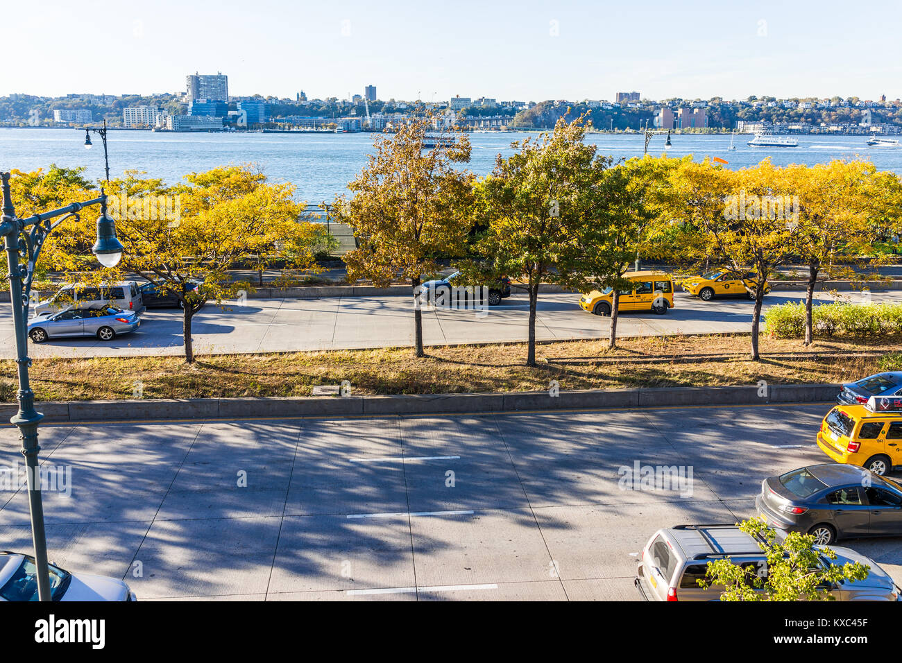 New York City, USA - October 27, 2017: View of Hudson River from highline, high line, urban in NYC with 12th avenue below, in Chelsea West Side by Hud Stock Photo