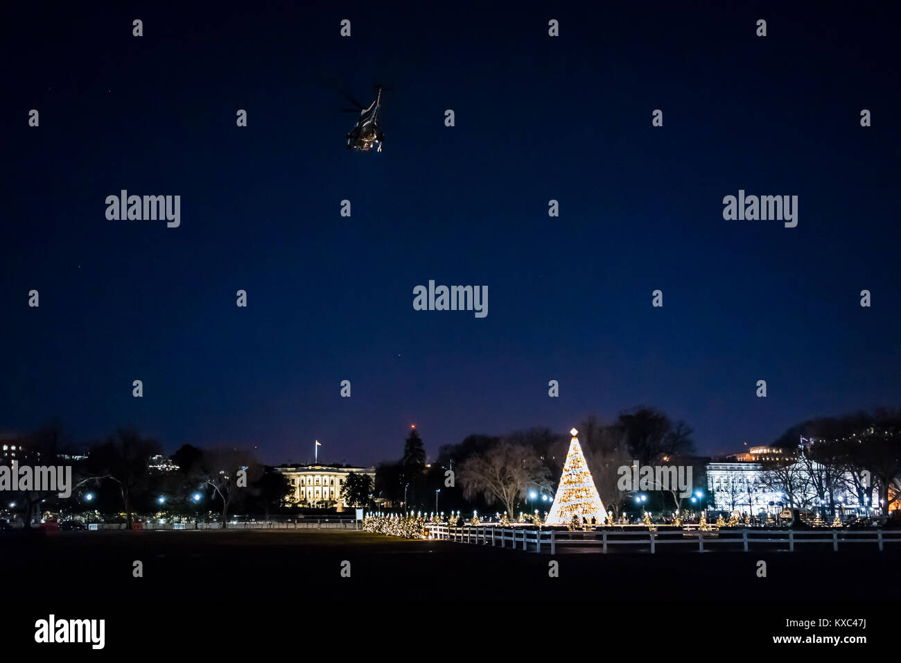 Washington DC, USA - December 28, 2017: President Donald J. Trump's Marine One helicopter flying landing at White House by National Christmas tree mem Stock Photo