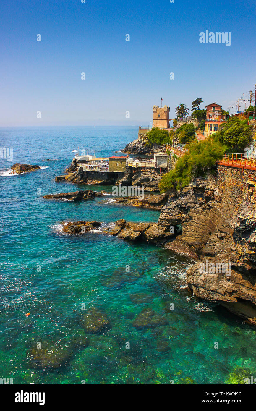 Seascape with the Mediterranean rocky coastline and promenade at Genoa Nervi, Liguria, Italy Stock Photo