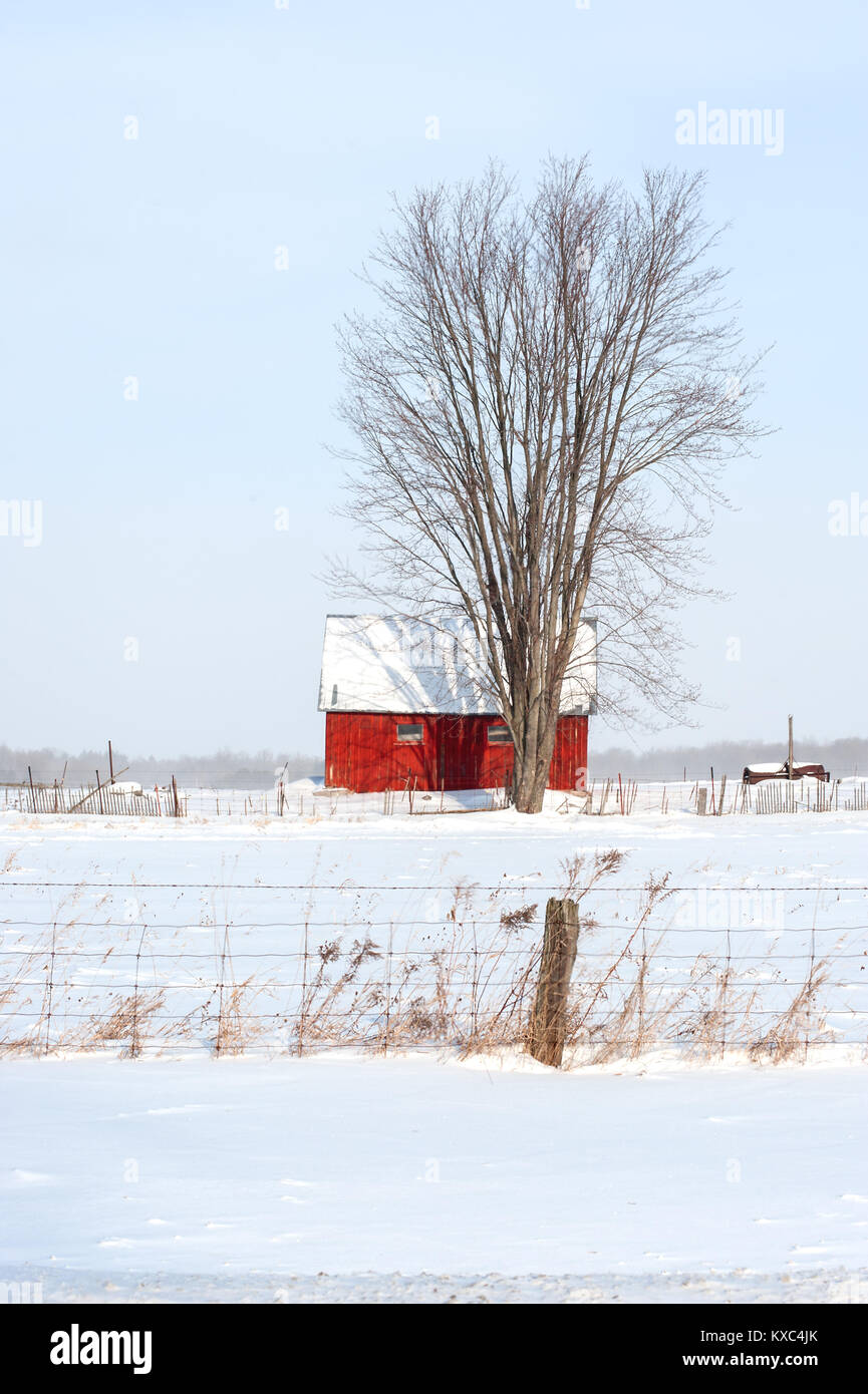 Red farm shed in winter Stock Photo