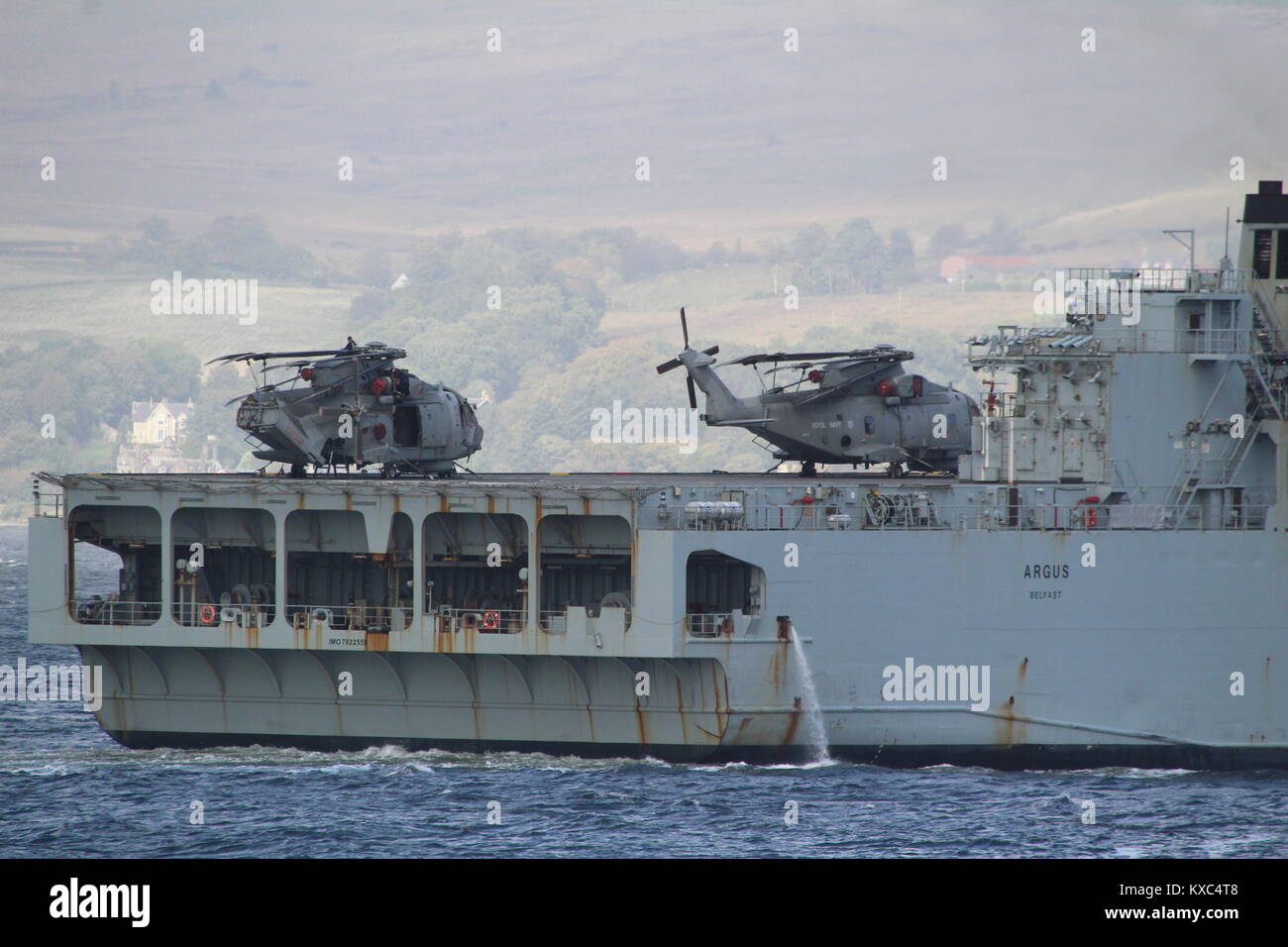 Two Westland Merlin HM1 helicopters on board RFA Argus (A135), on her arrival on the Clyde for Exercise Joint Warrior 17-2. Stock Photo