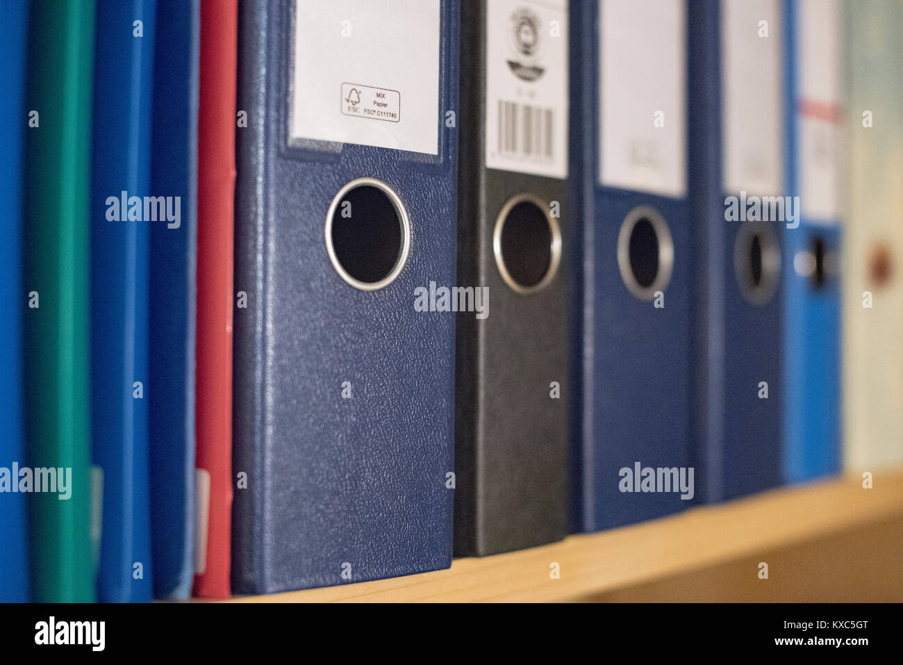 A row of folders and arch files of various size, type and colour on a shelf Stock Photo