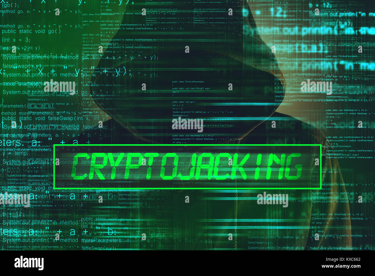 Cryptojacking concept, computer hacker with hoodie and lines of script code overlaying image Stock Photo