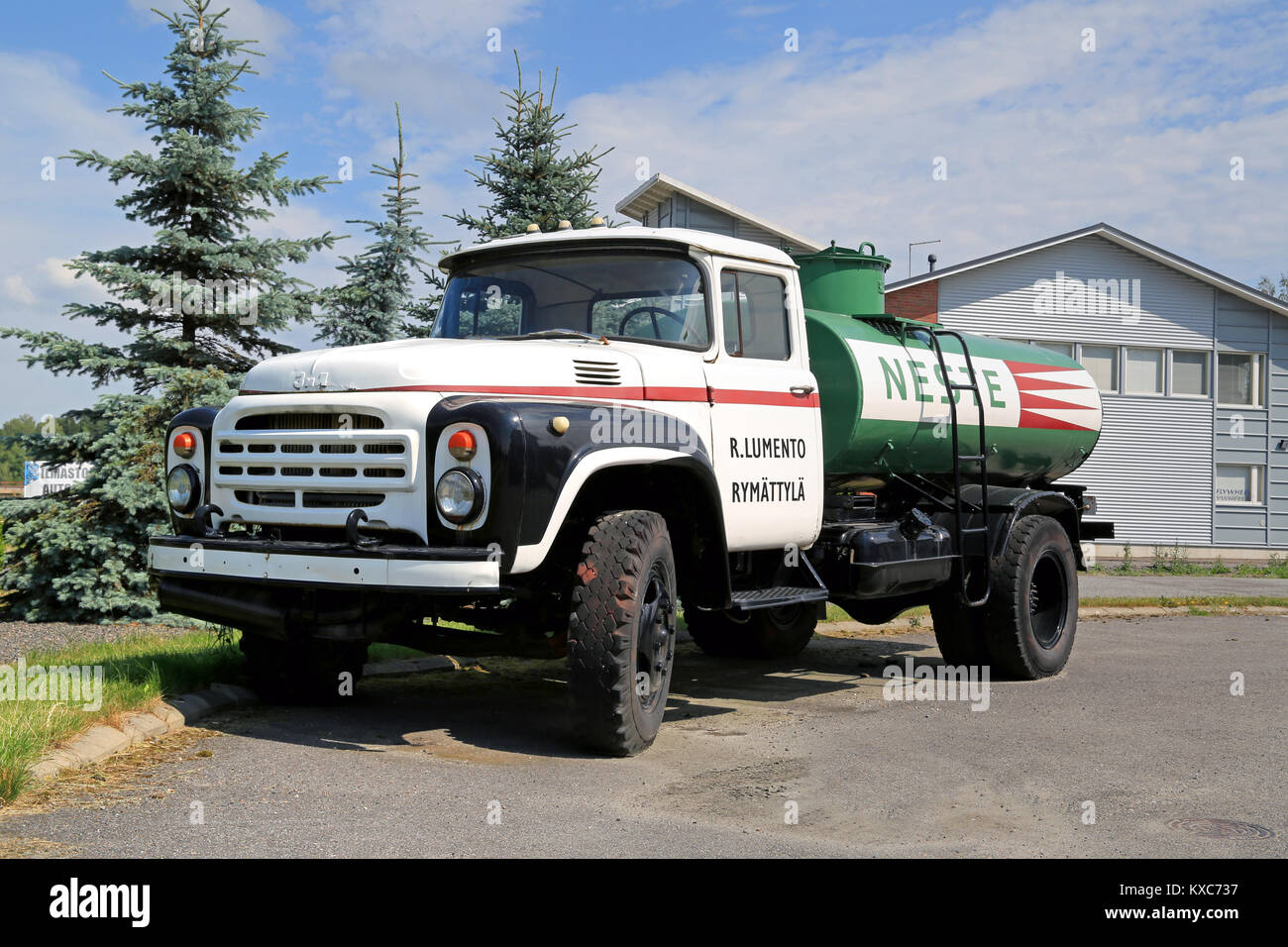 RAISIO, FINLAND - JULY 13, 2014: Vintage Zil 130 tank truck on a yard. Produced since 1962, mass-produced since 1964, Zil 130 was one of the most popu Stock Photo