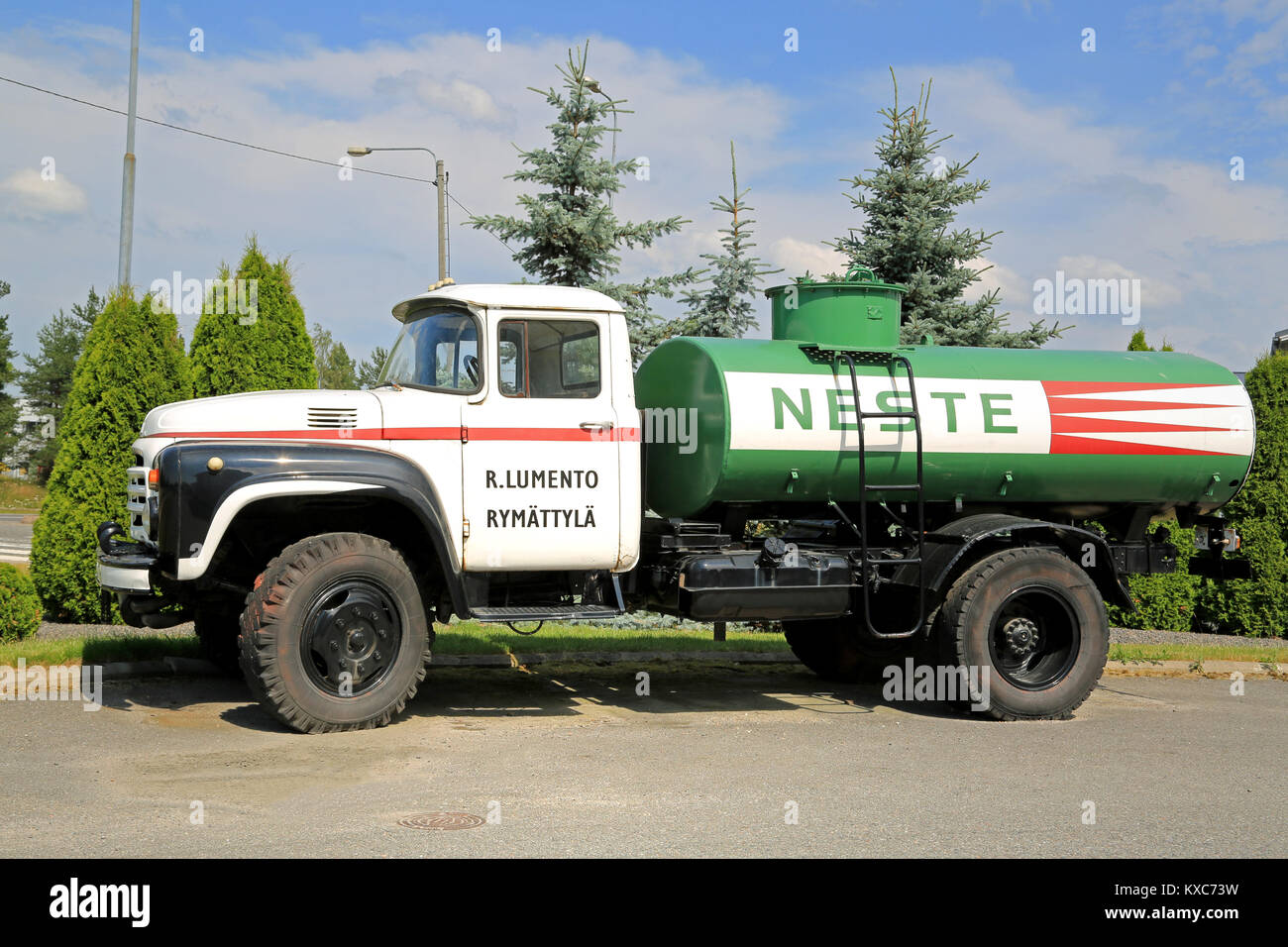 RAISIO, FINLAND - JULY 13, 2014: Vintage Zil 130 Neste tank truck on a yard. Produced since 1962, mass-produced since 1964, Zil 130 was one of the mos Stock Photo