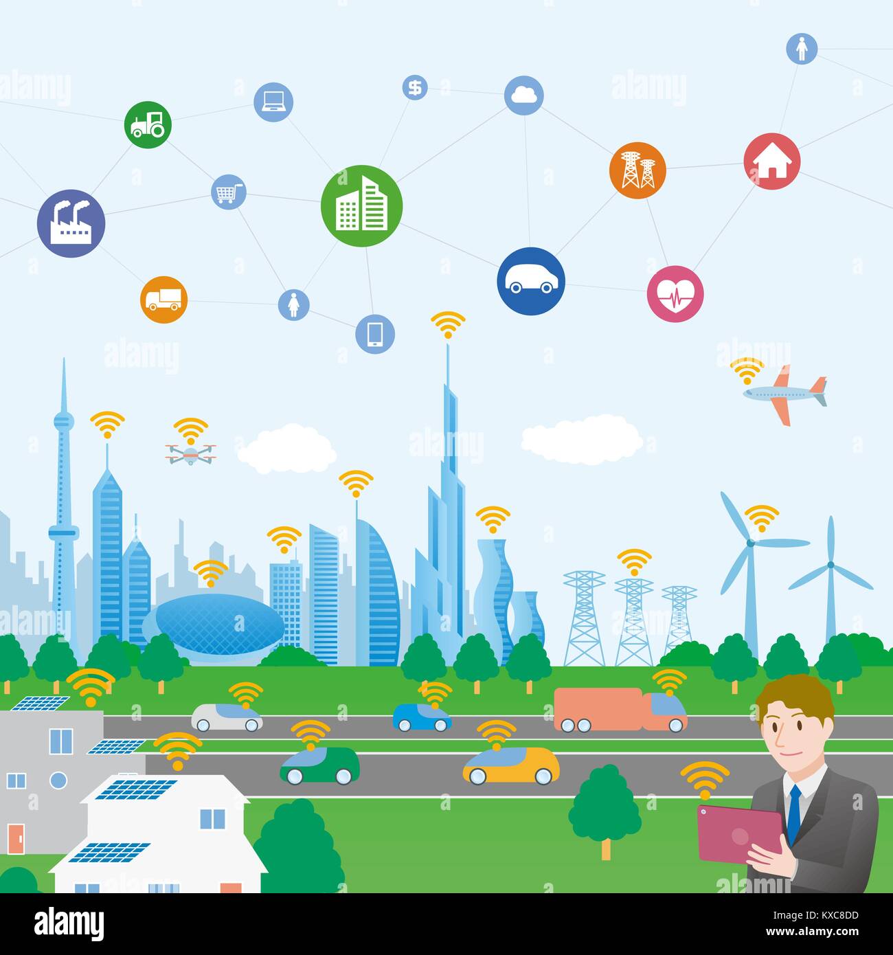 smart city conceptual illustration with various technological icons
