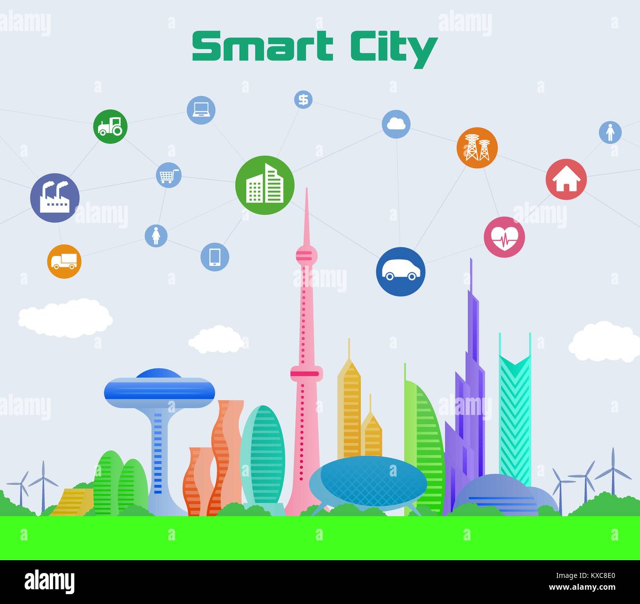 smart city on global ground with various technological icons