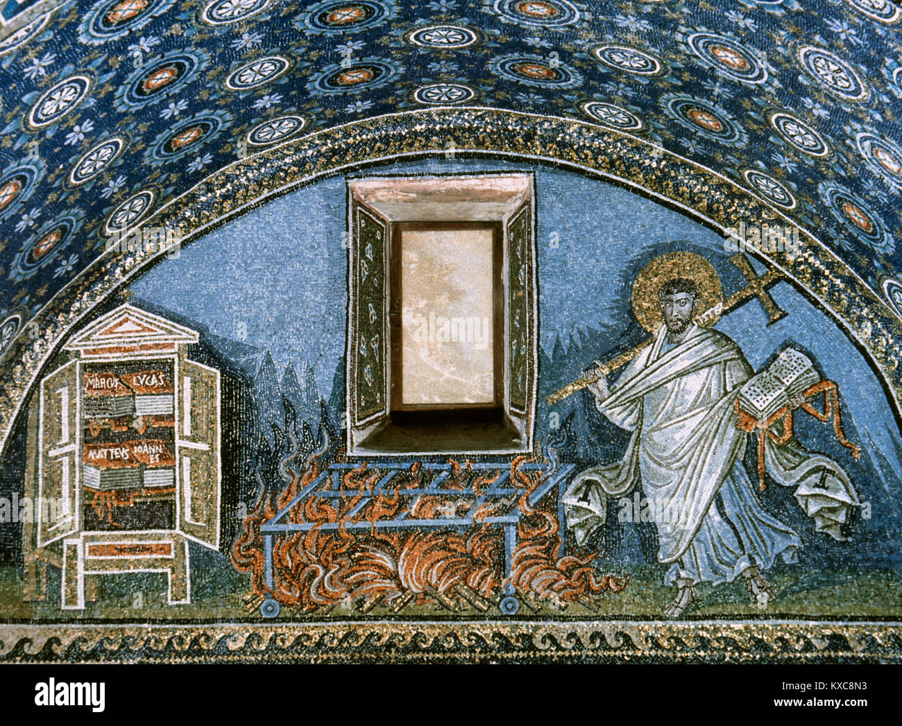 Italy. Ravenna. Mausoleum of Galla Placidia, 5th century. Mosaic. Martyrdom of of St. Lawrence. Mosaic. Stock Photo