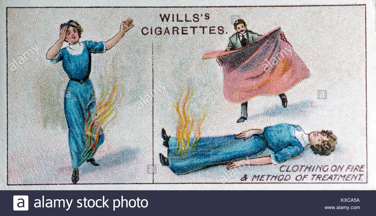 Vintage First Aid illustrations Clothing on fire and method of treatment Stock Photo Alamy