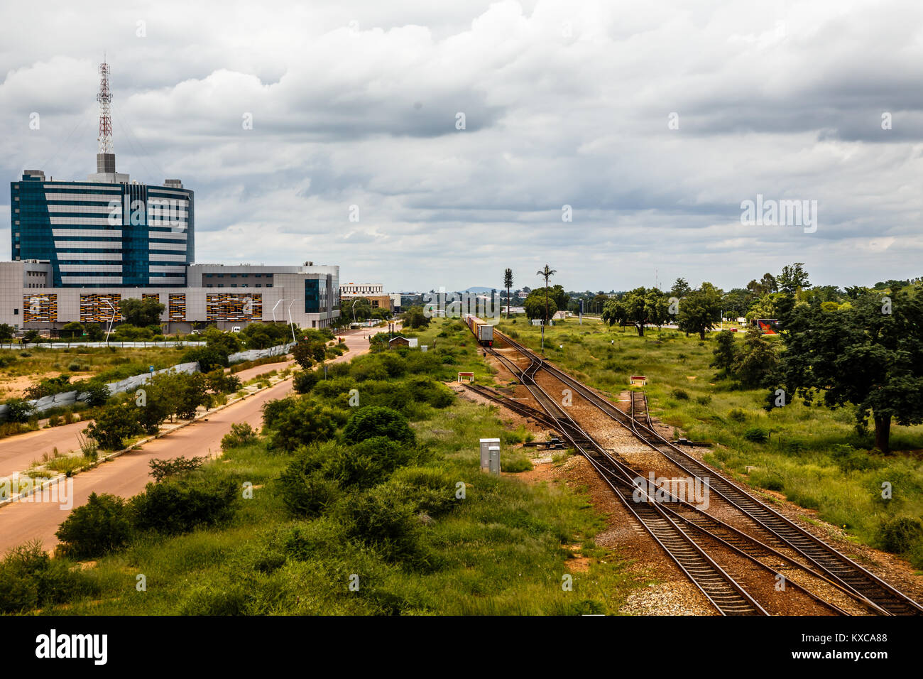Railroad and rapidly developing central business district, Gaborone, Botswana, Africa, 2017 Stock Photo