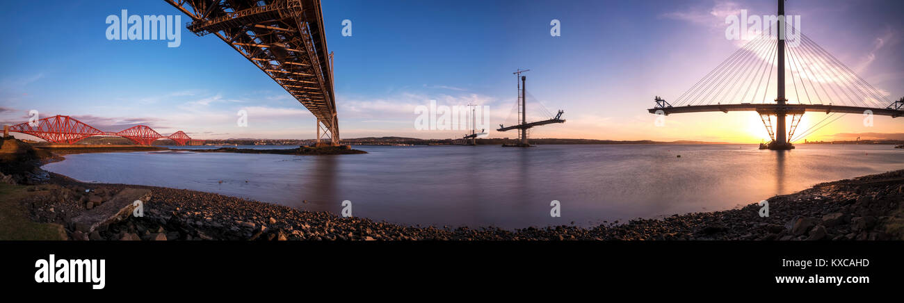 Construction of the new 'Queensferry Crossing'  Bridge, that will span the Firth of Forth in Scotland alongside the two other bridges already there, t Stock Photo