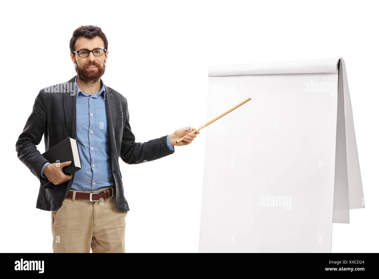 Teacher pointing at a blank presentation board with a stick isolated on white background Stock Photo