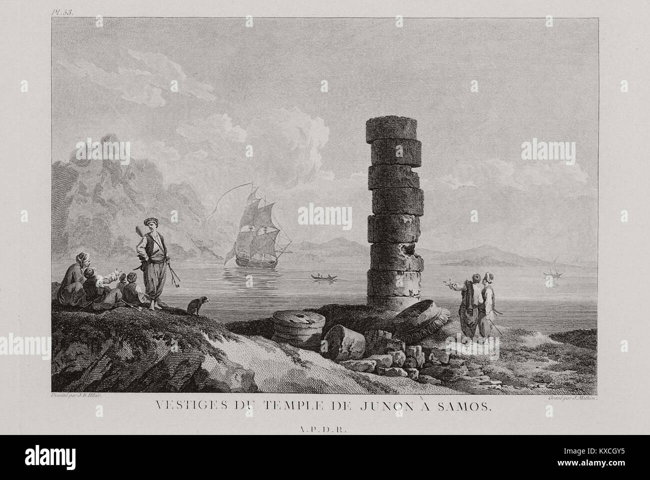 This 1782 depiction by Choiseul-Gouffier illustrates the ruins of the Temple of Juno on the island of Samos, highlighting the ancient Greek architecture and cultural significance. Stock Photo