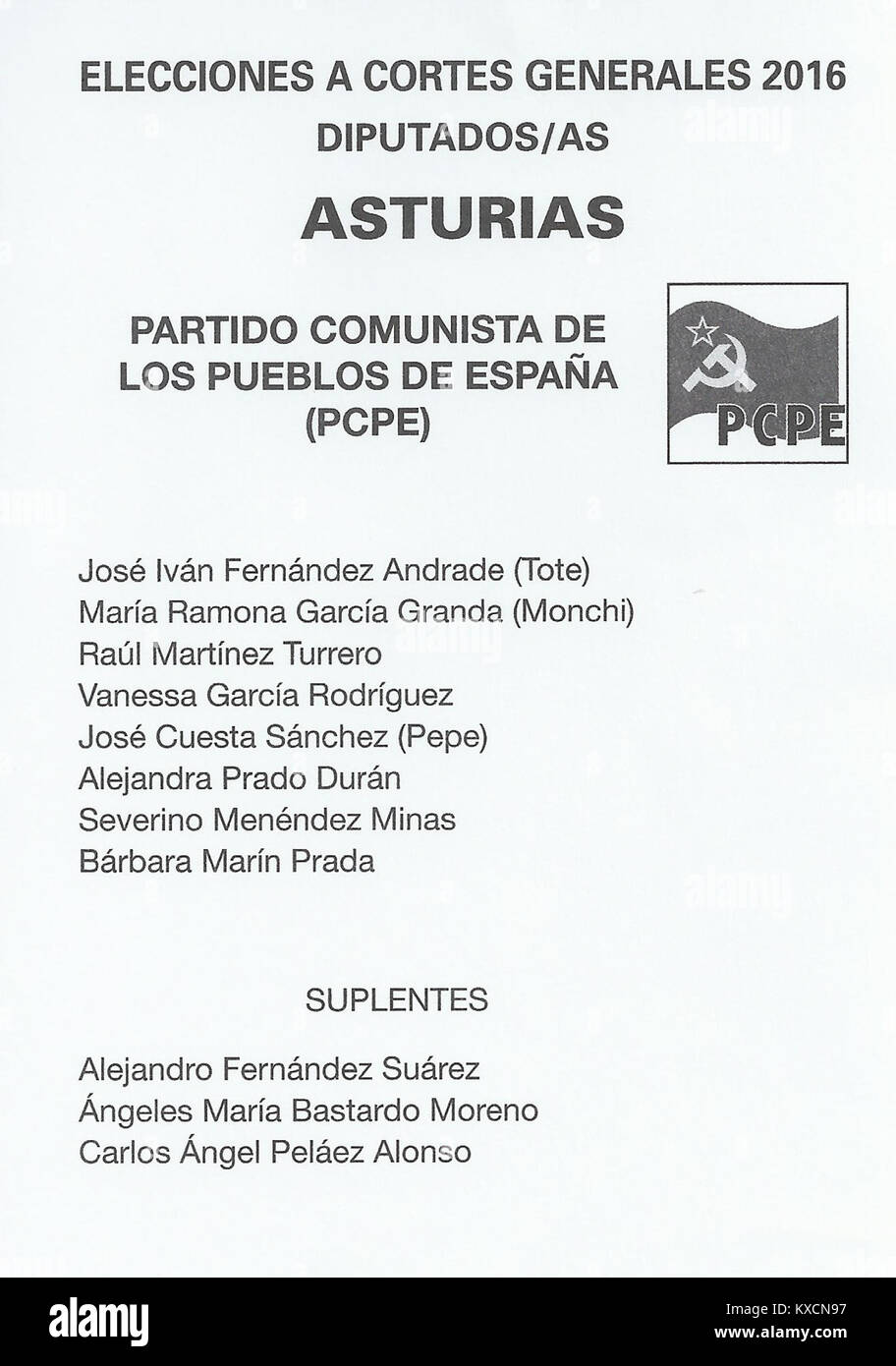 2016 Spanish General Elections Ballot - Asturias - Partido Comunista de los Pueblos de España (PCPE) Stock Photo