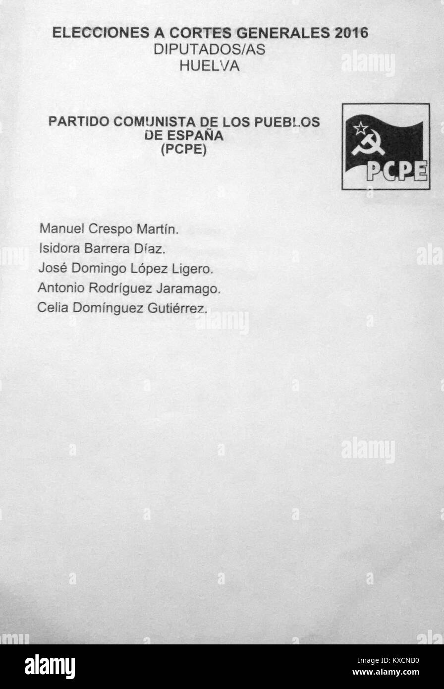 2016 Spanish General Elections Ballot - Huelva - Partido Comunista de los Pueblos de España (PCPE) Stock Photo