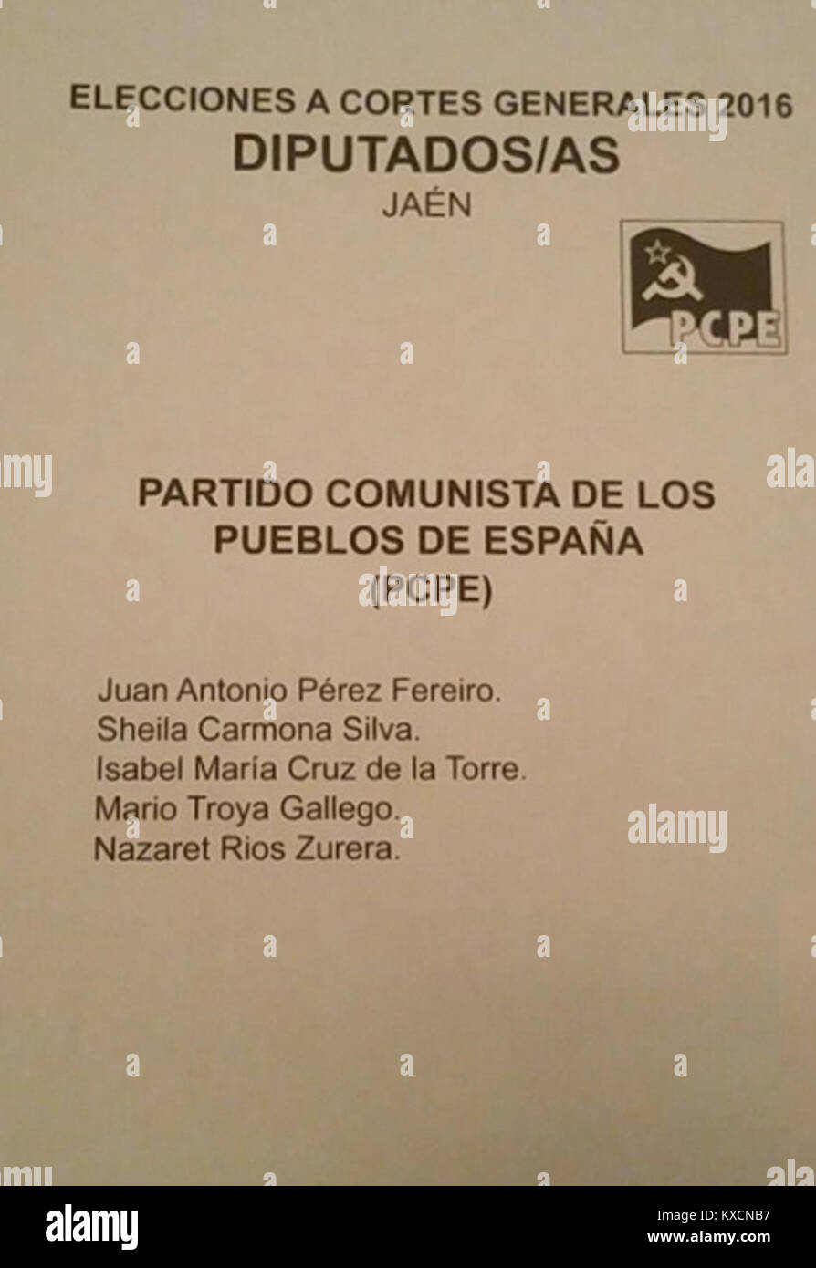 2016 Spanish General Elections Ballot - Jaén - Partido Comunista de los Pueblos de España (PCPE) Stock Photo