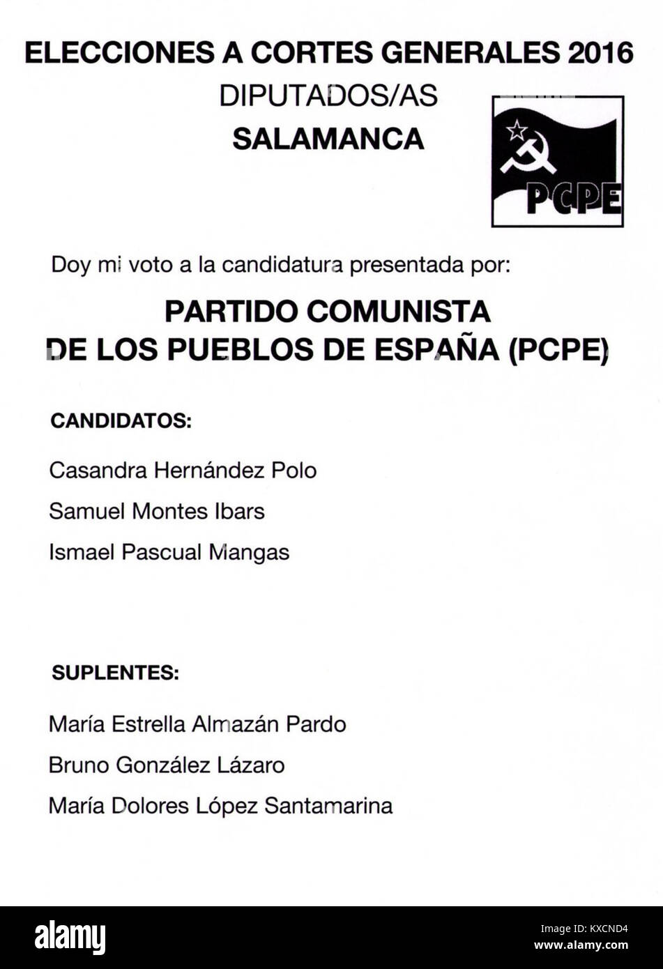 2016 Spanish General Elections Ballot - Salamanca - Partido Comunista de los Pueblos de España (PCPE) Stock Photo