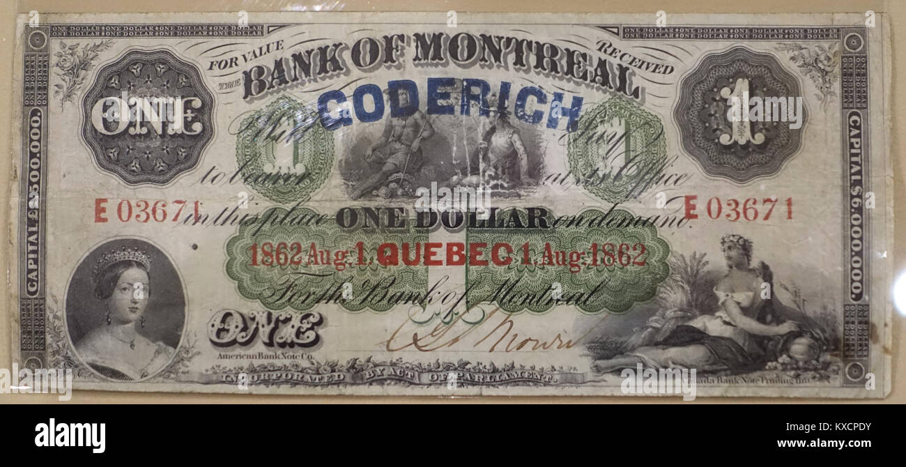 1 Dollar, Bank of Montreal, 1862 - Bank of Montréal Museum - Bank of Montreal, Main Montreal Branch - 119, rue Saint-Jacques, Montreal, Quebec, Canada - DSC08485 Stock Photo